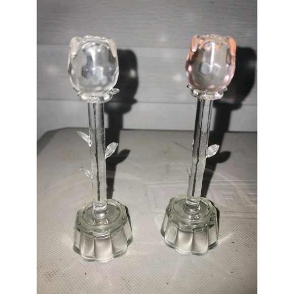Vintage Set Of 2 Crystal Cut Single Stem Rose Figurines Rare 6" Glass Flowers - Picture 1 of 6